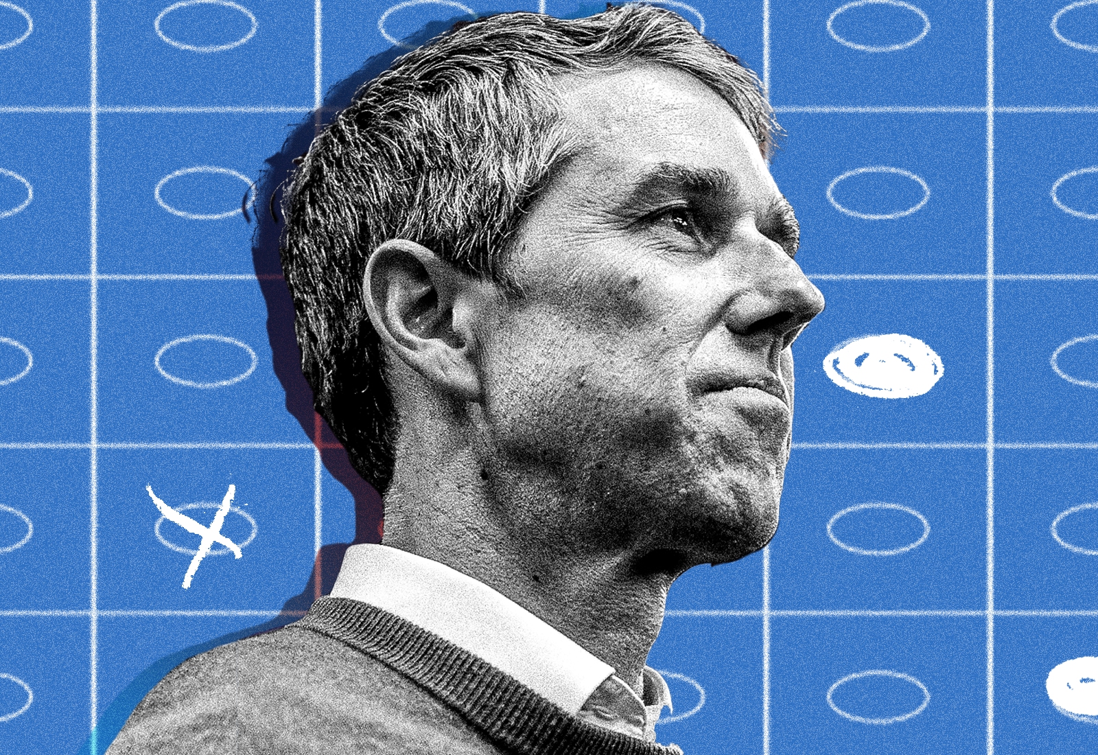A close-up of Beto O&#x27;Rourke&#x27;s face in front of an illustration of ballot bubbles