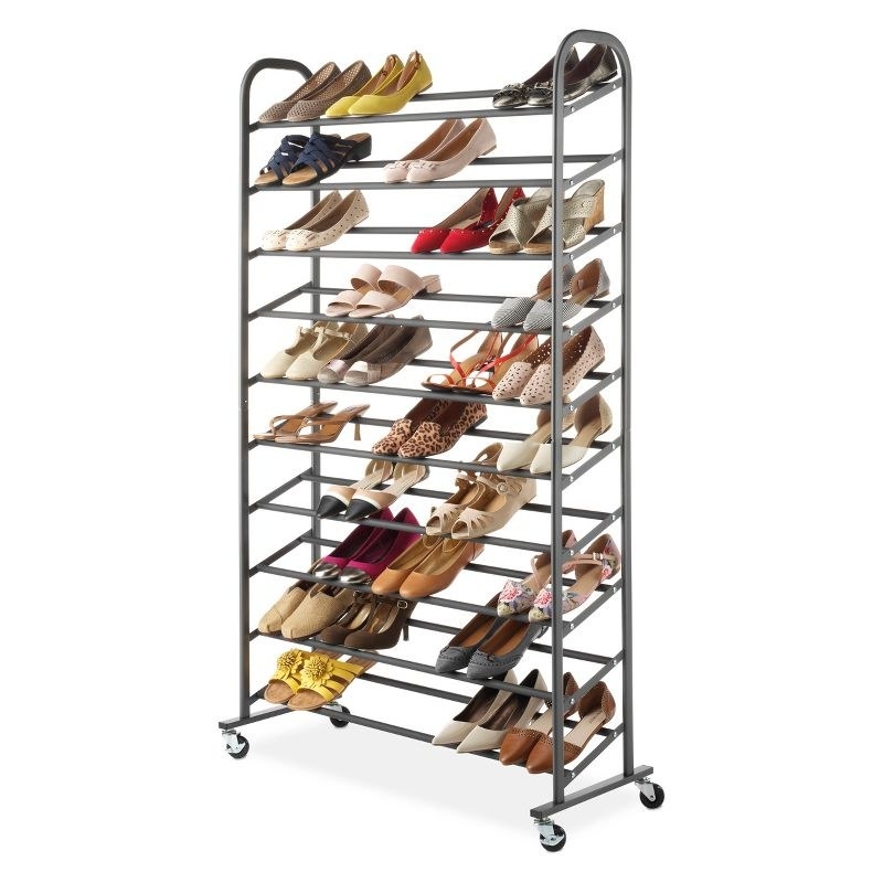 the large metal rack with many pairs of shoes