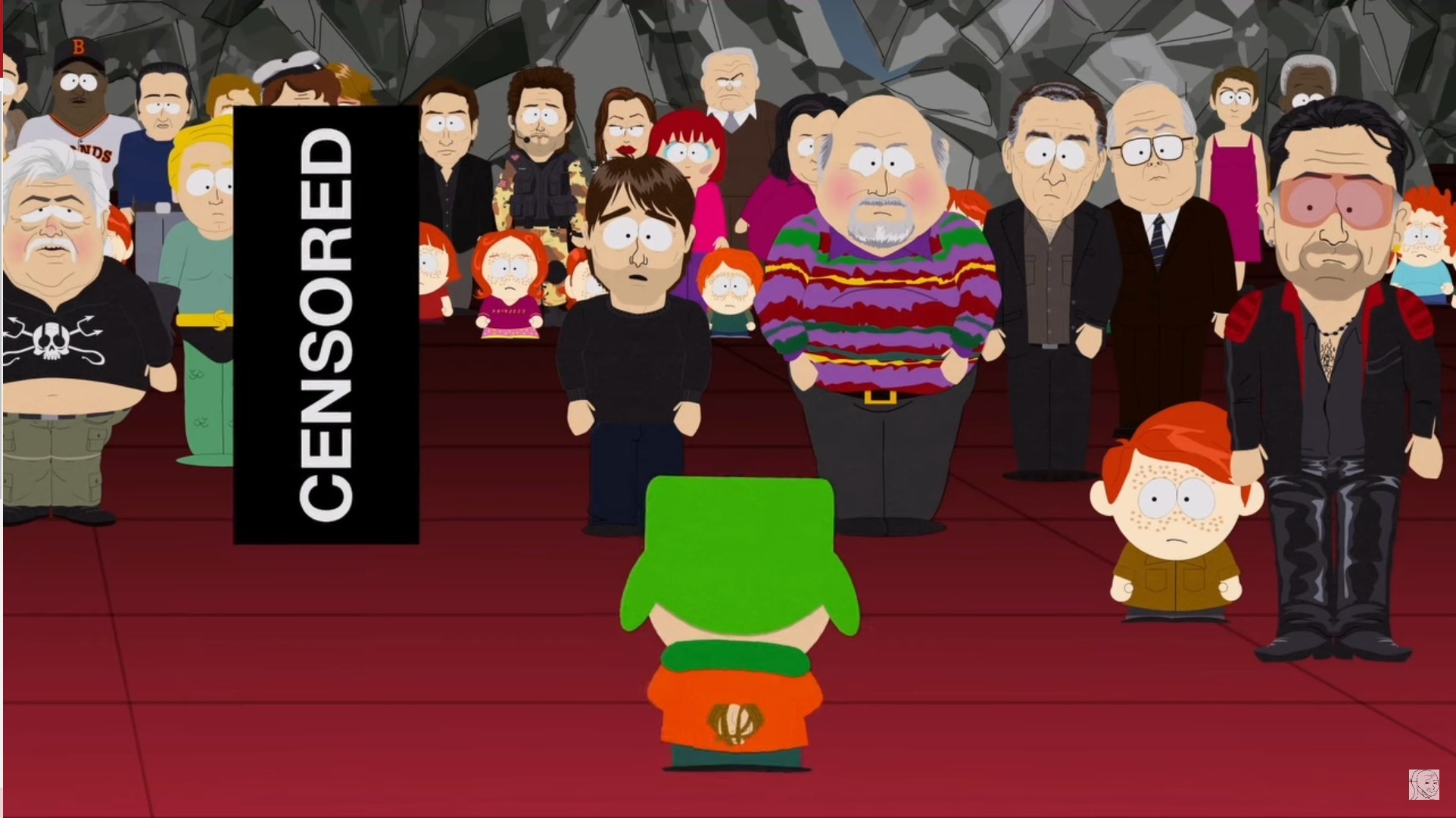 Kyle and various South Park characters, one of them censored, stand in a cave