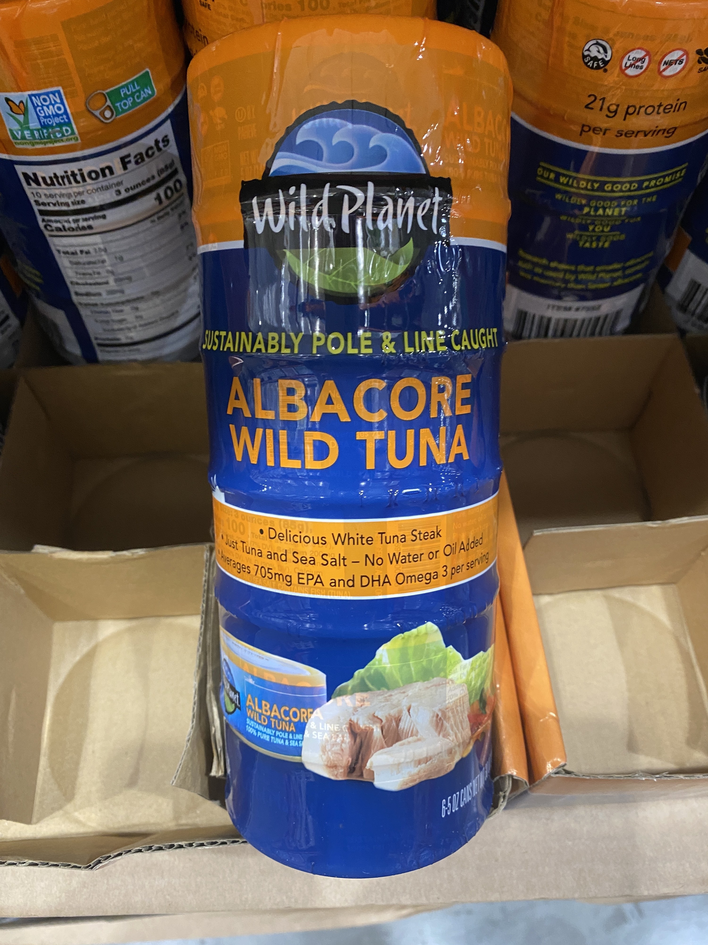 A packaged stack of tuna cans