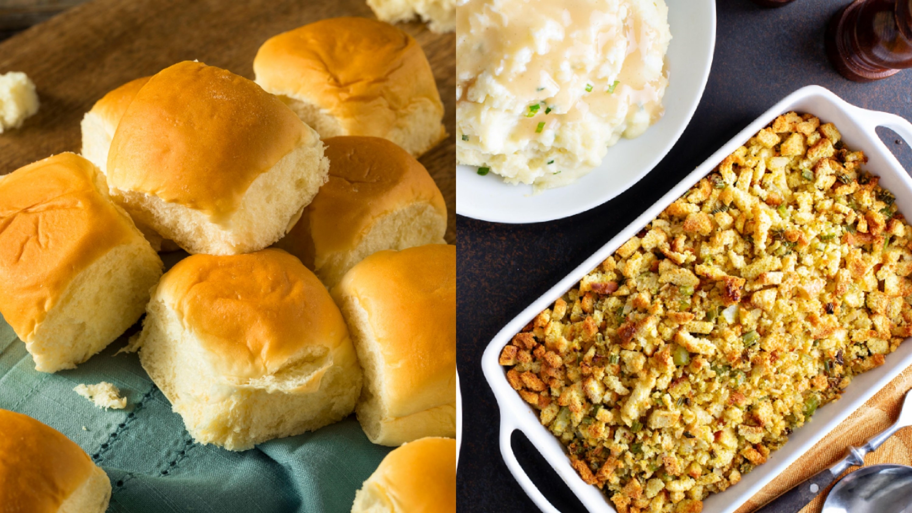 Variety of Thanksgiving sides on the dinner table, mashed potatoes, green beans and stuffing / Homemade Baked Sweet Hawaiian Buns