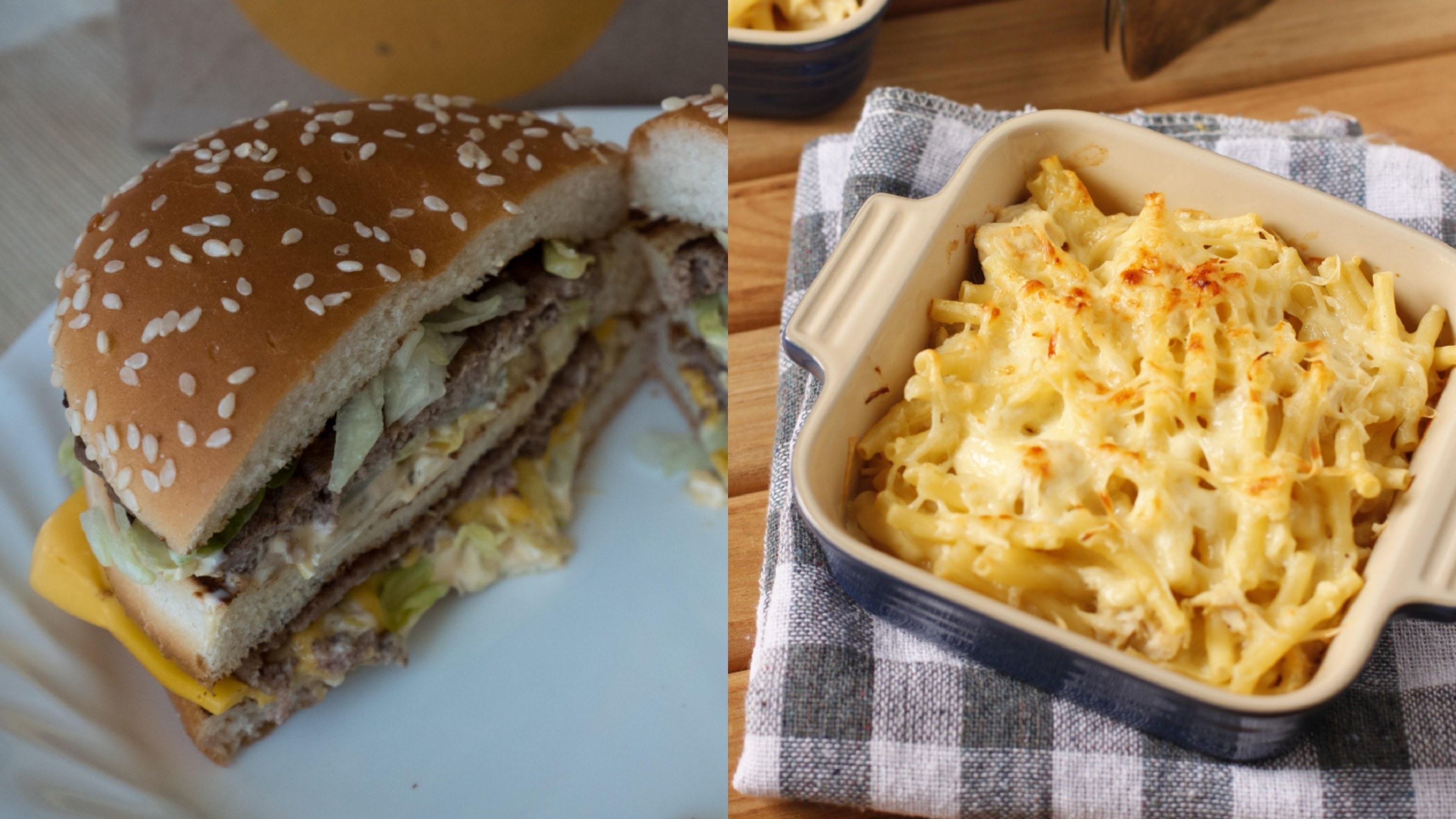 Cut out of a McDonald’s Big Mac sandwich / Mac and cheese in blue baking dish over blue and white checkered towel with old silver pasta picker