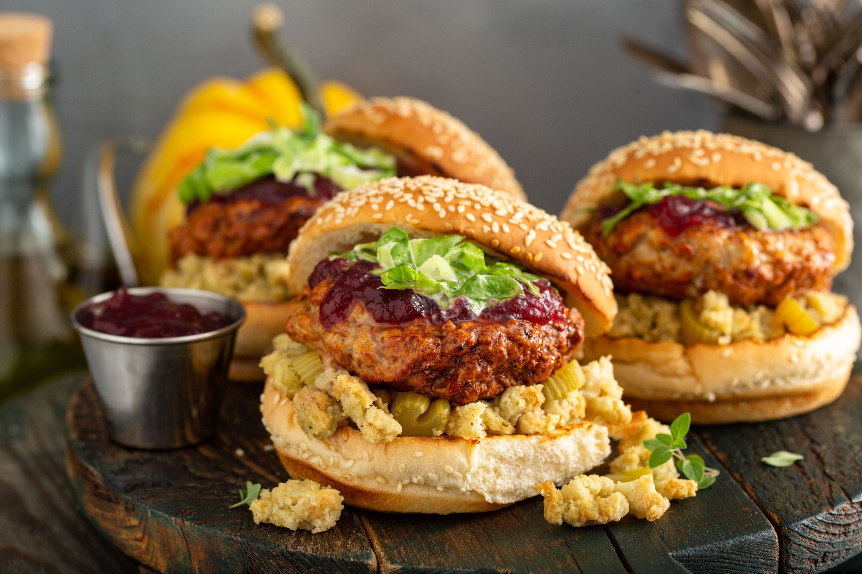 Turkey burgers with stuffing and cranberry sauce
