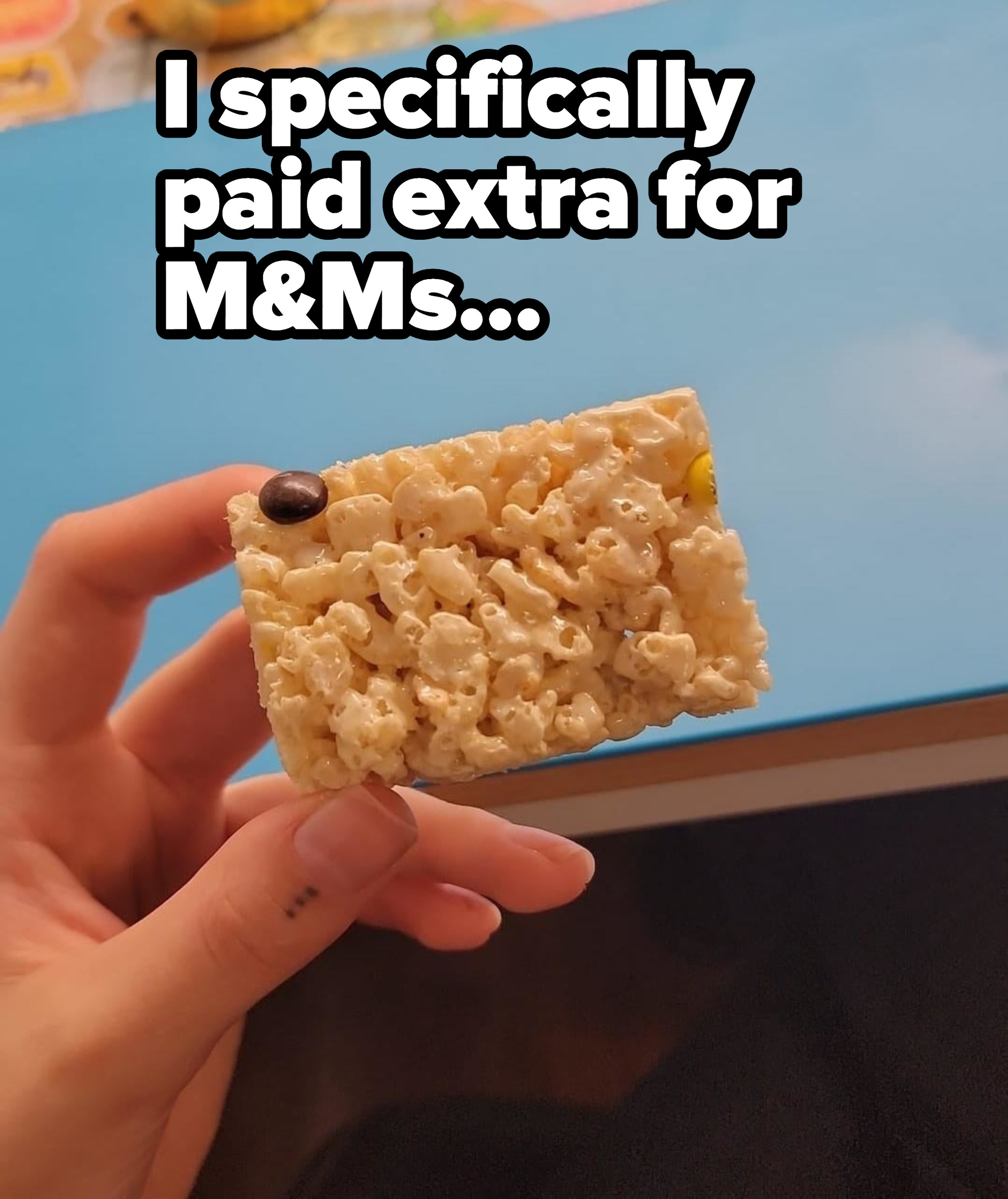 A Rice Krispie with one single M&amp;amp;M on it
