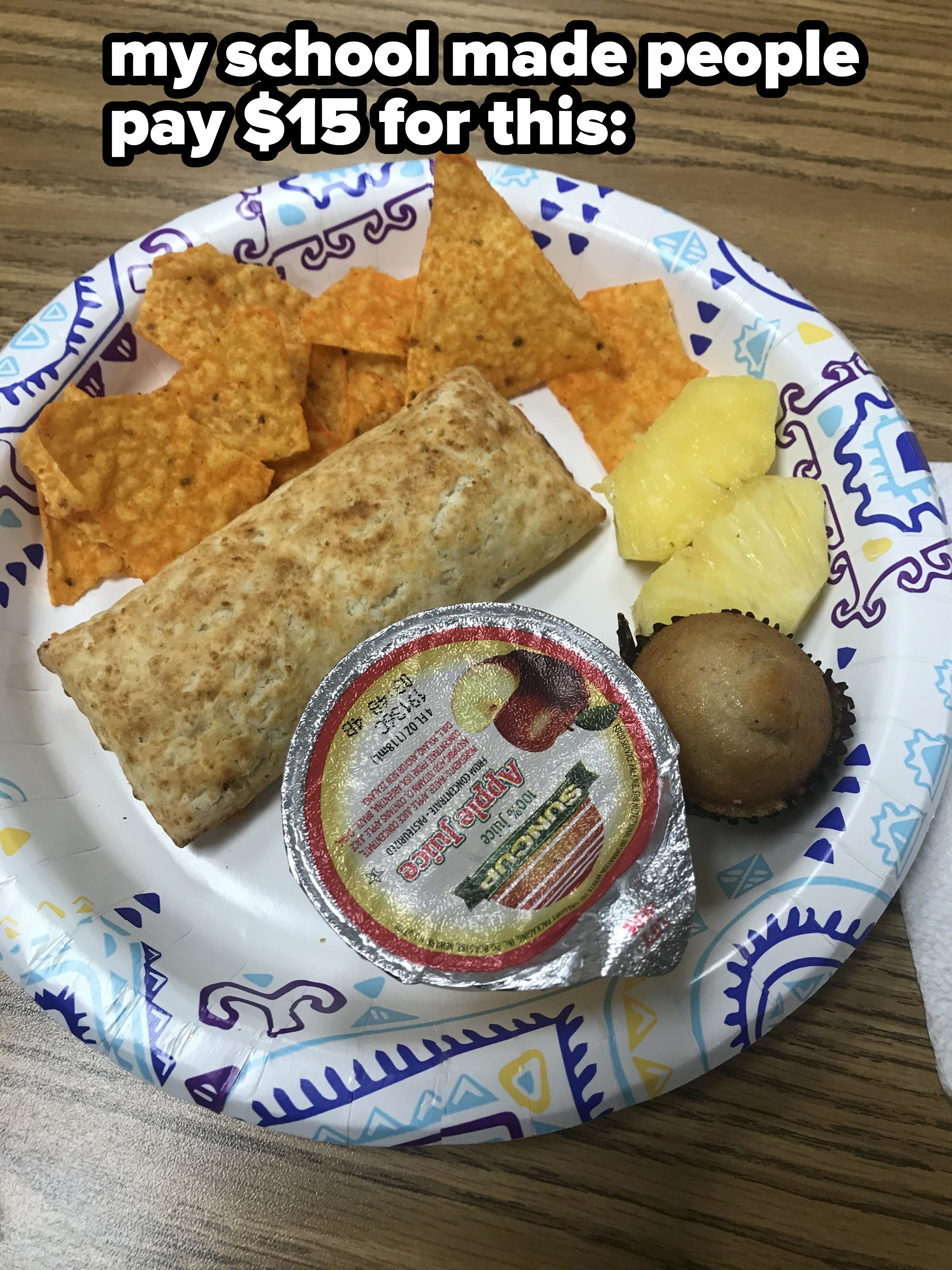 A plate with Doritos, apple sauce, and a Hot Pocket