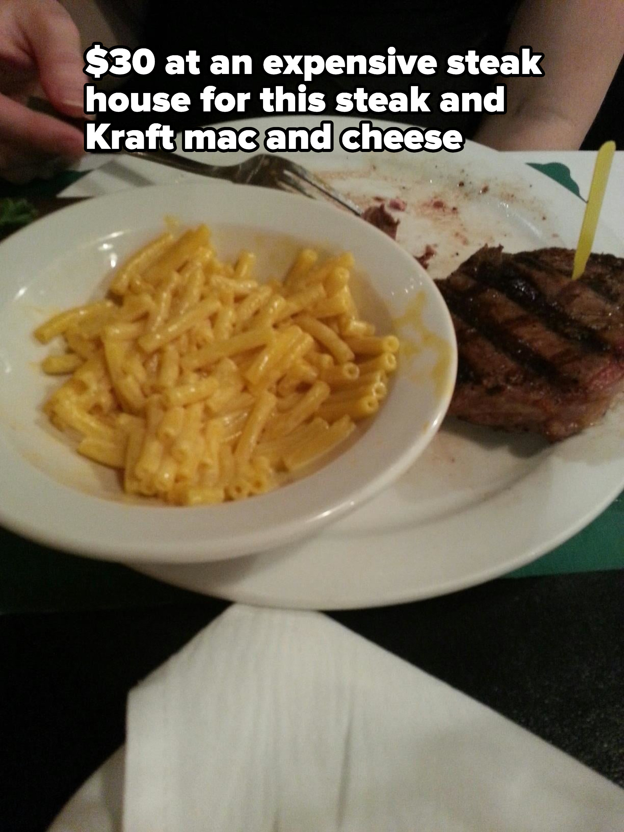 kraft mac and cheese and a steak