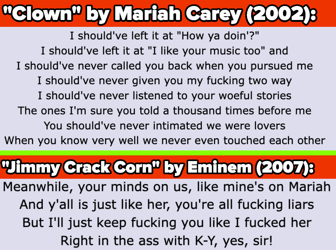 Carey lyrics from &quot;Clown;&quot; Eminem lyrics from &quot;Jimmy Crack Corn&quot;