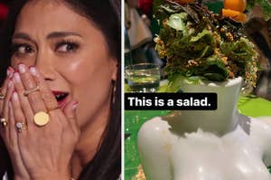a frightened woman covering her mouth, next to a headless ceramic bust filled with salad with the text "this is a salad"
