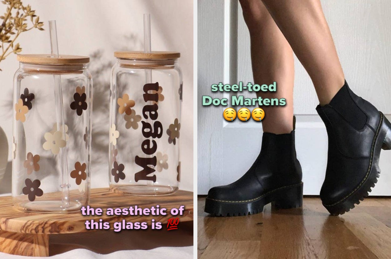 to the left: a glass cup with neutral colored flowers on it and the name megan, to the right: steel-toed black slip-on doctor martens boots