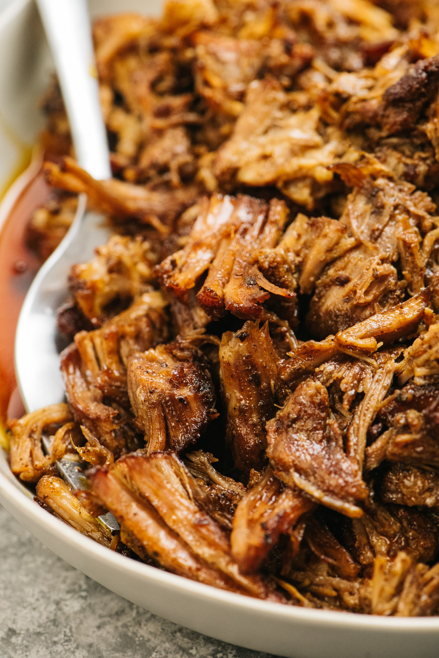 Close-up of homemade pulled pork.