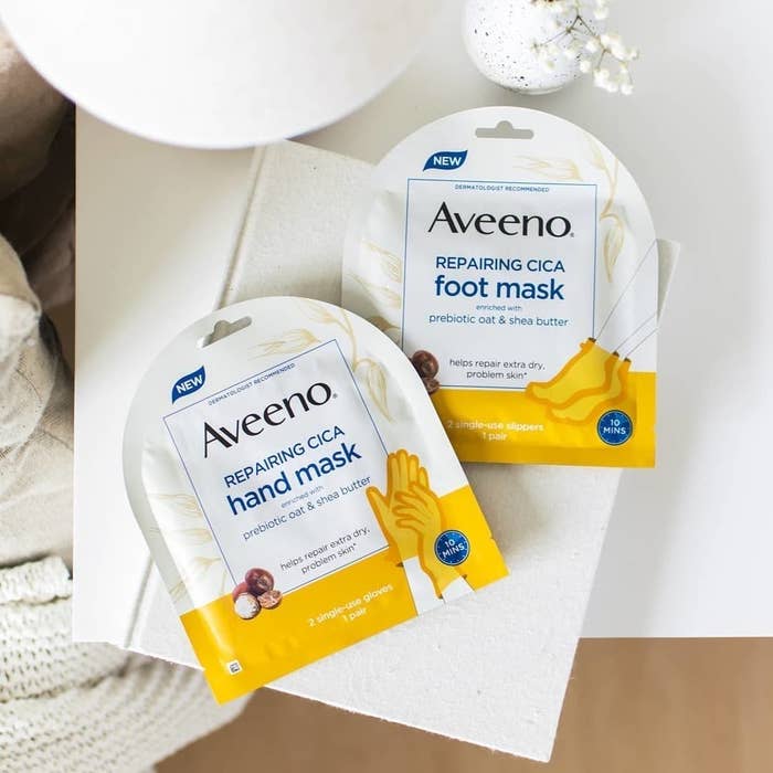 aveeno foot and hand masks on a table
