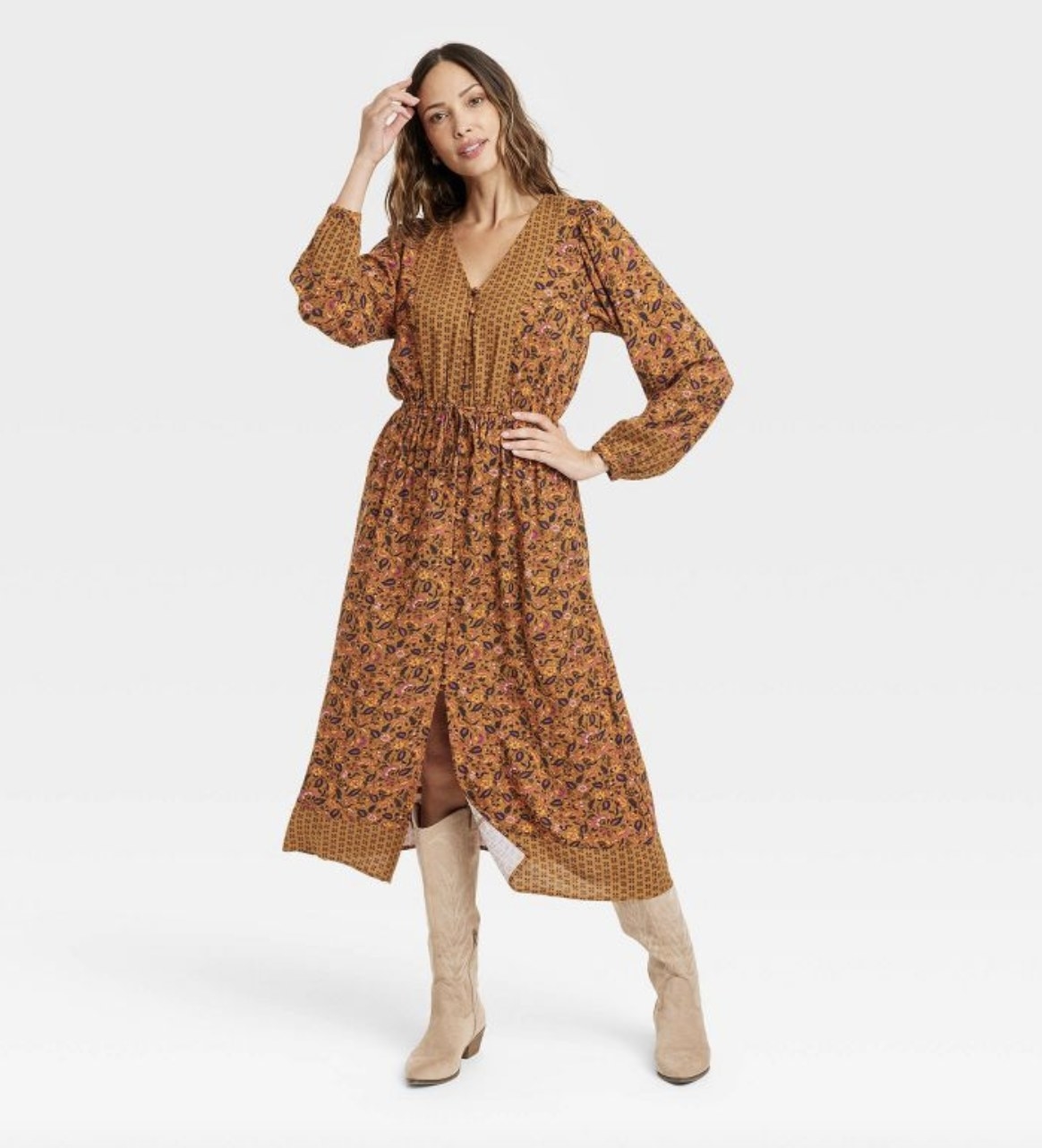 A rust floral printed long dress