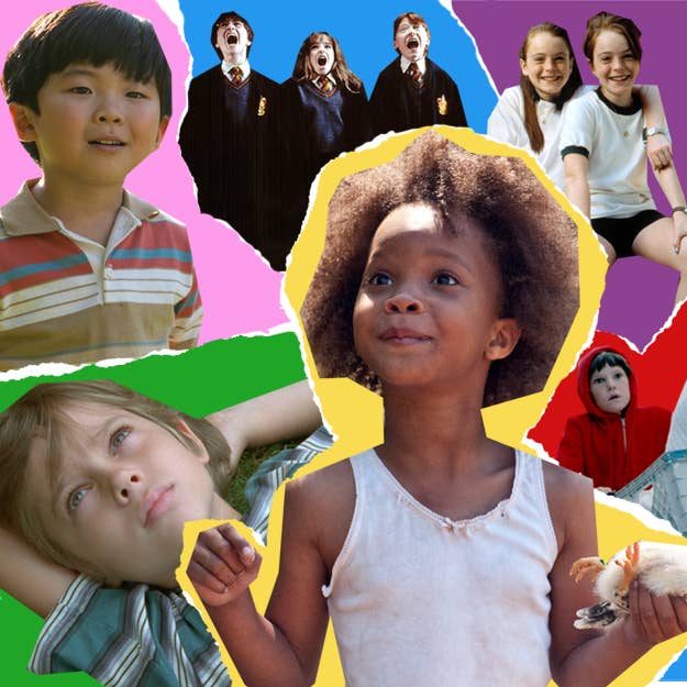 A collage of images from Minari, Boyhood, Harry Potter, Beasts of the Southern Wild, The Parent Trap, and ET