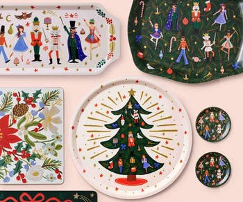 the serving dish surrounded by other nutcracker-themed plates