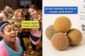 to the left: three reviewers wearing bear paw-shaped oven mitts, to the right: four broth bombs