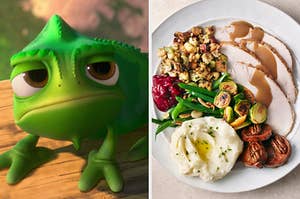 On the left, Pascal from Tangled, and on the right, a plate with turkey and gravy, masked potatoes, stuffing, green beans, Brussels sprouts, and cranberry sauce