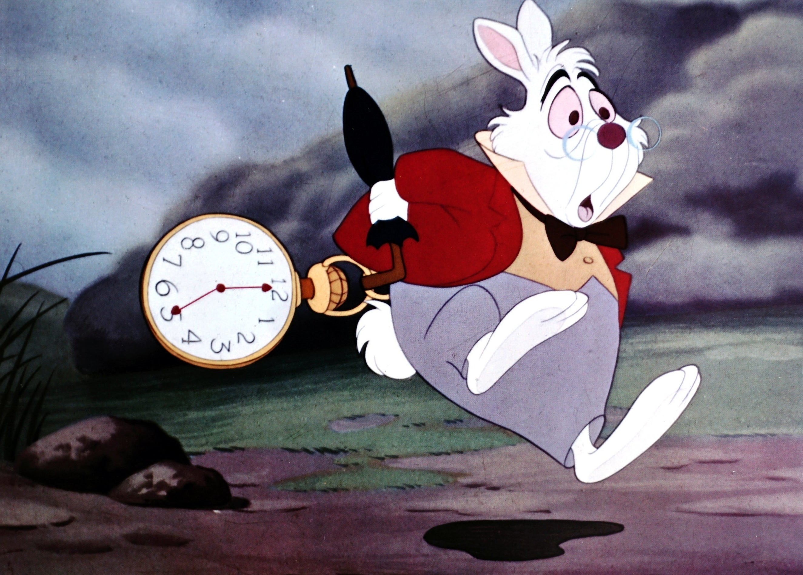 Cartoon animal White Rabbit holding a timepiece
