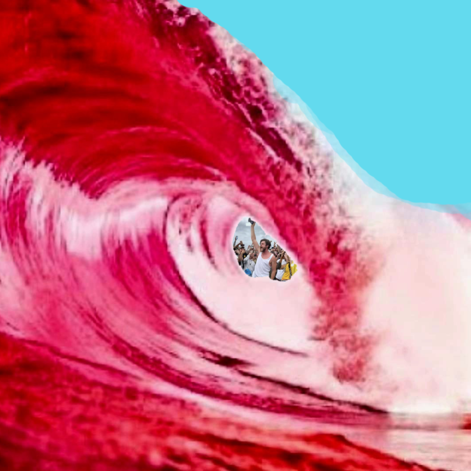 Rotisserie chicken guy in a red wave