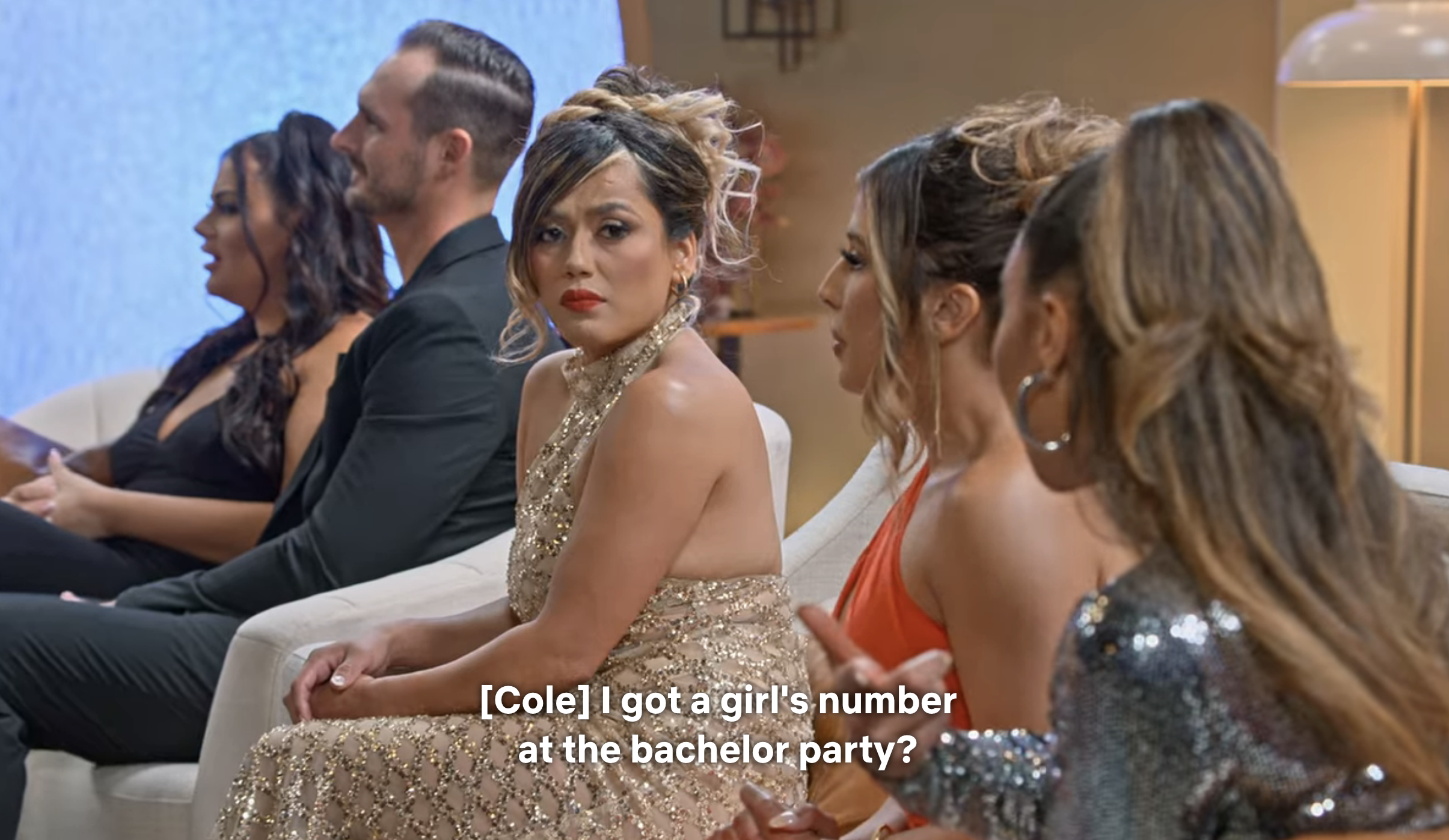Nancy looking in the camera with caption &quot;[Cole] I got a girl&#x27;s number at the bachelor party?&quot;