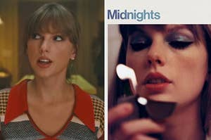On the left, Taylor Swift in the Anti-Hero music video, and on the right, the Midnights album cover