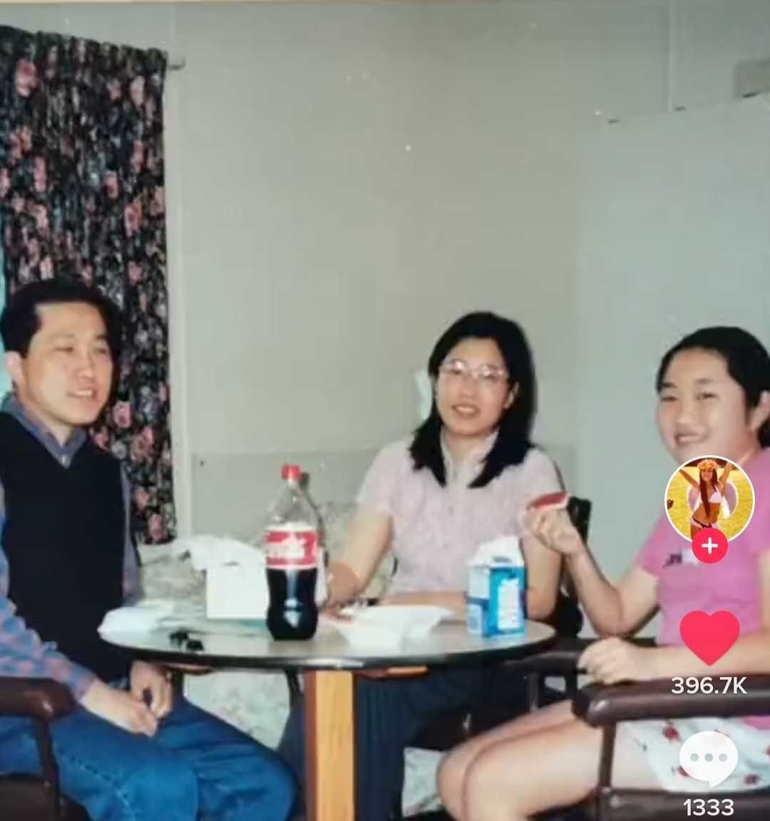 Screencaps of Jane Lu&#x27;s TikTok showing Jane at a small table with her parents
