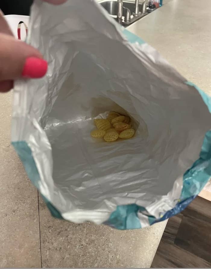 five pieces of the snack left in the bag