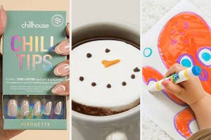 press on nails, snowman marshmallow, and magic markers