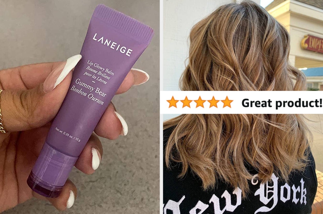 on the left a hand holding a laneige lip glowy balm; on the right a reviewer with shiny hair and text that reads "great product"