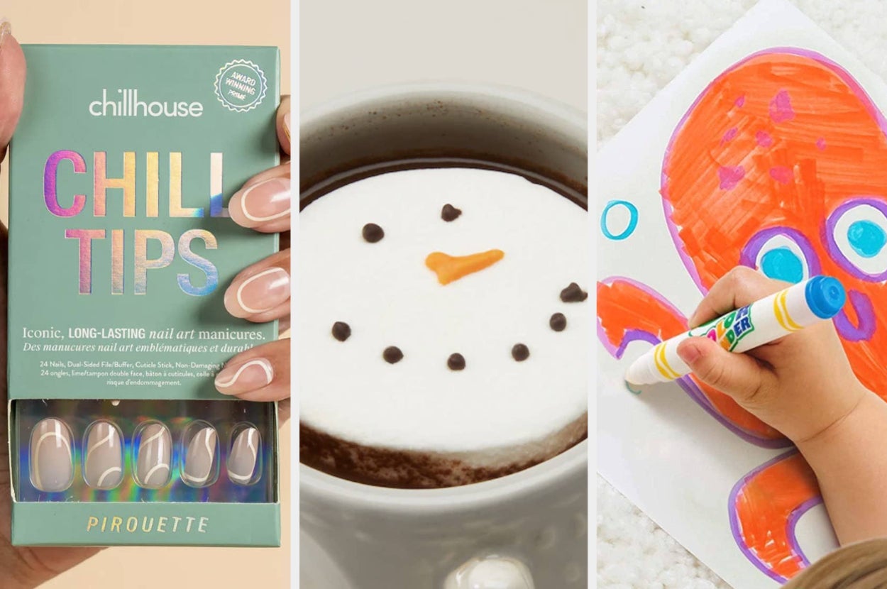 press on nails, snowman marshmallow, and magic markers