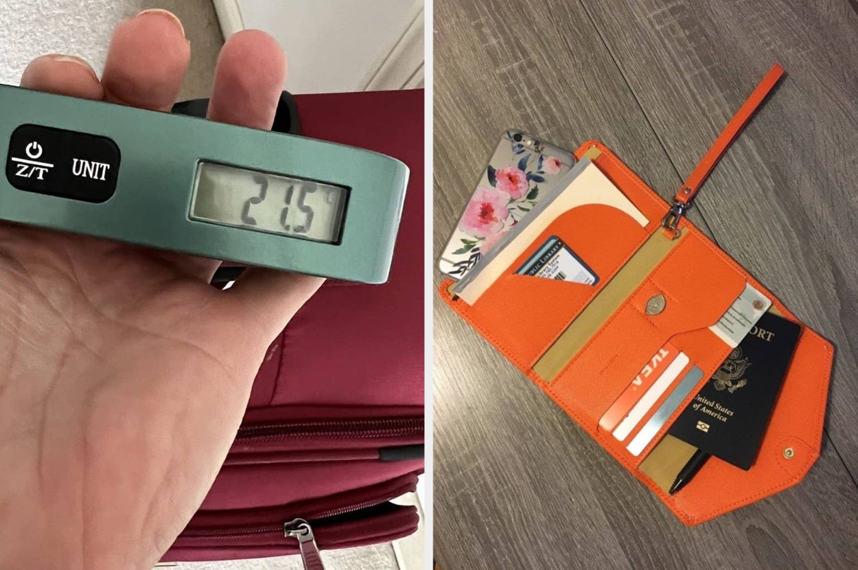 Reviewer using tool to weigh a red suitcase / reviewer's orange wallet filled with cards, phone, and passport