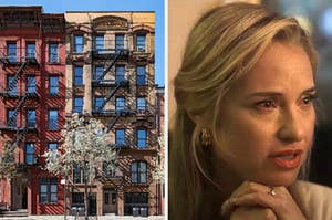 On the left, an apartment building in a city with a blooming tree out front, and on the right, Leslie Grossman as Barbara on American Horror Story: NYC