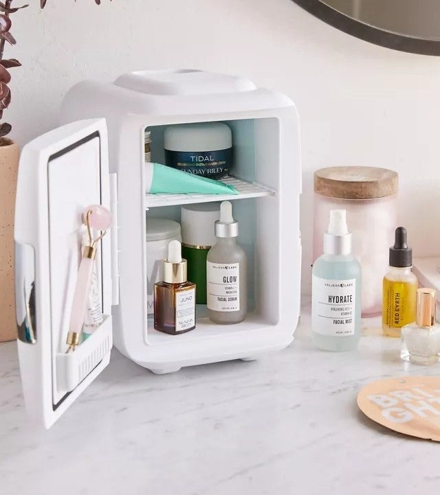 a white beauty fridge with products inside