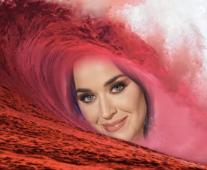 Katy Perry&#x27;s face inside a red wave