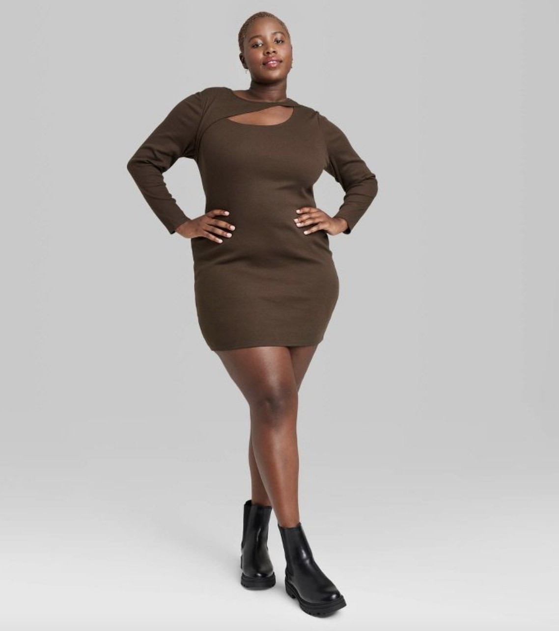 A brown ribbed body con dress