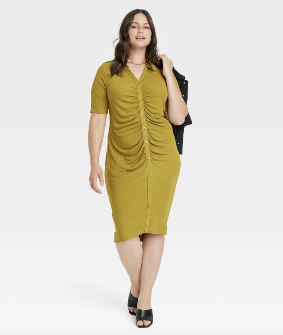 A green ruched button down dress