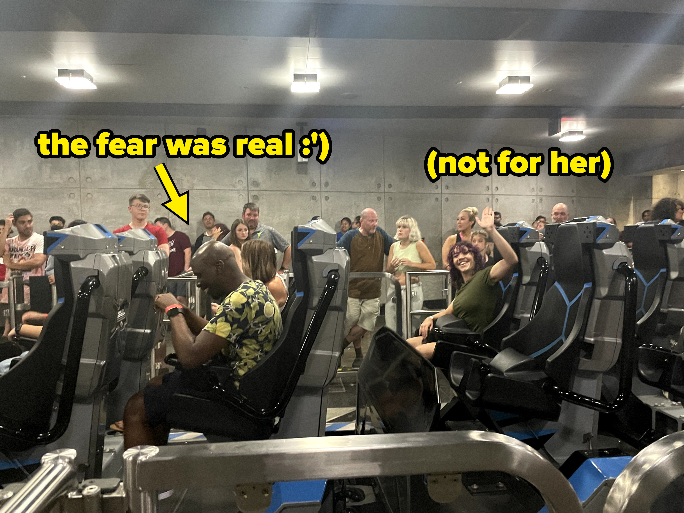 the author sitting on the ride with the words &quot;The fear was real&quot; and a girl waving happily with the words &quot;not for her&quot;