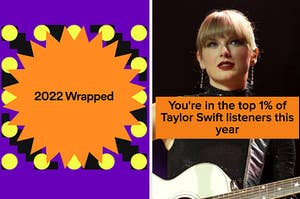 A Spotify 2022 Wrapped background and Taylor Swift plays the guitar