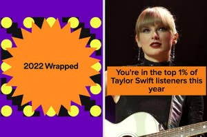 A Spotify 2022 Wrapped background and Taylor Swift plays the guitar