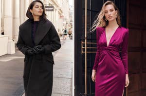 Woman wearing black tie coat versus woman wearing plum-colored plunging neck dress with shoulder pads
