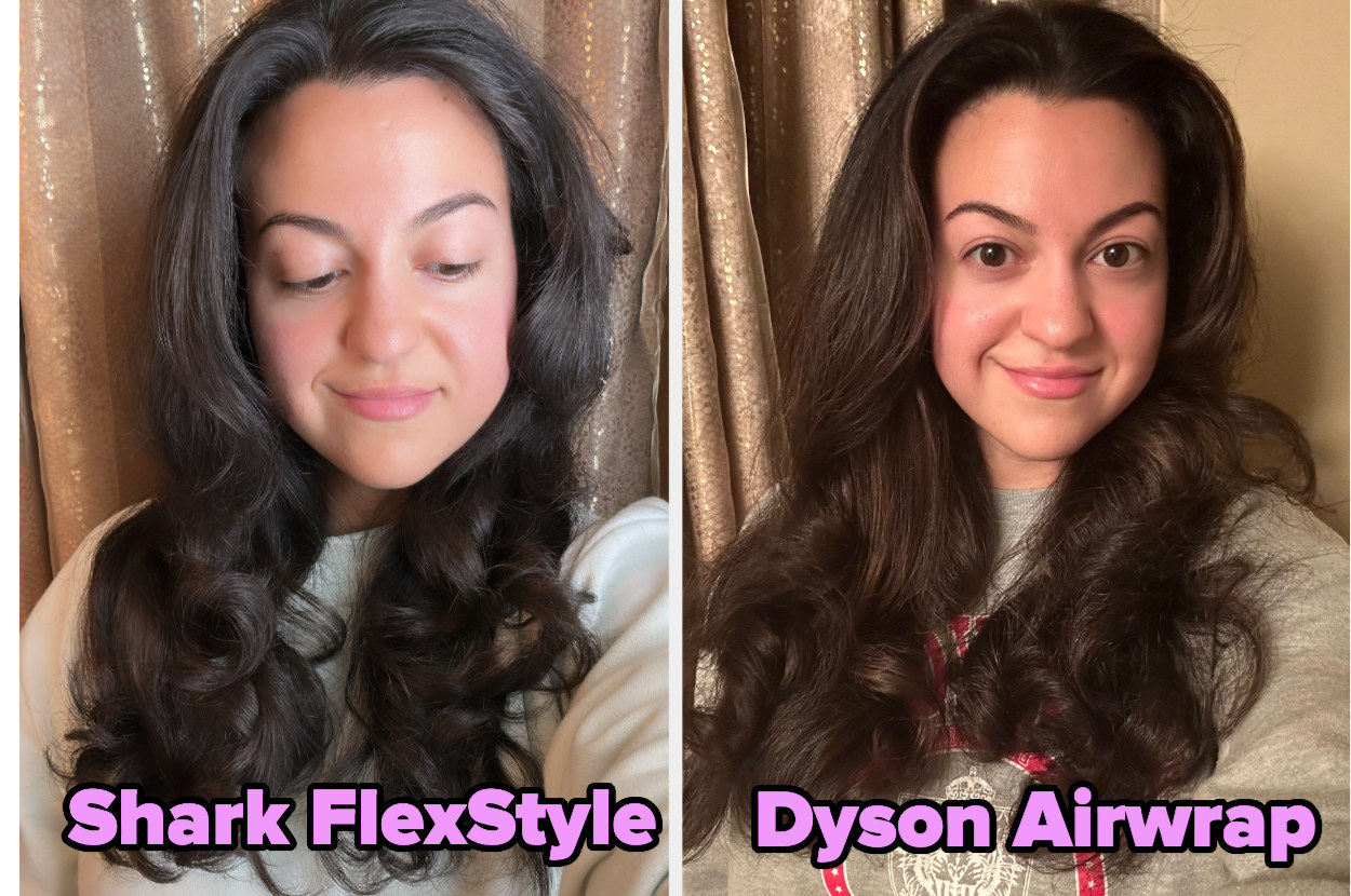 a side-by-side photo of the shark flexstyle hair versus the dyson airwrap hair