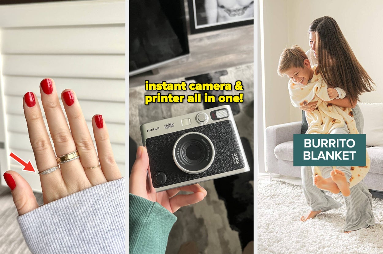 someone's hand with rings on it, someone holding an instant camera, someone lifting a kid up in a burrito blanket