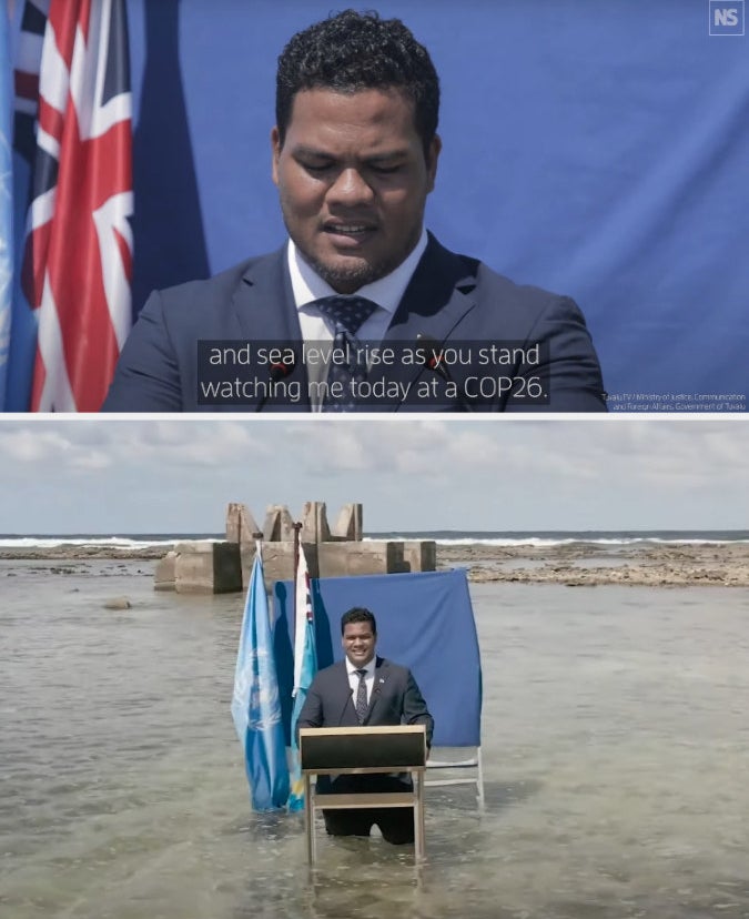 Camera zooms out from Simon Kofe&#x27;s face while speaking during COP26, revealing him to be standing in the ocean with water reaching his knees