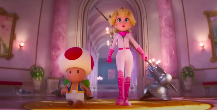 An animated woman in a jumpsuit walks with a mushroom man
