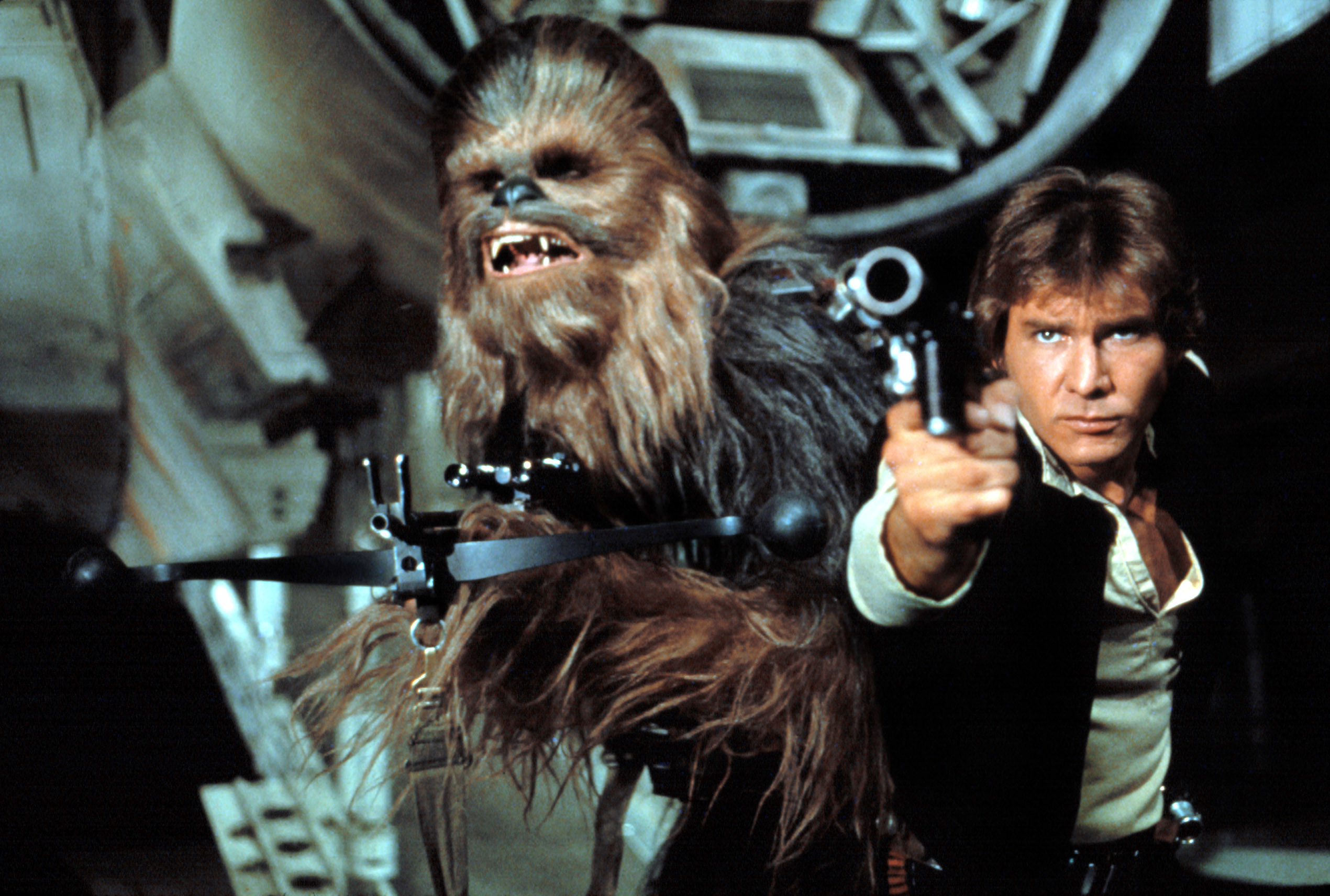 Chewbacca and Han Solo in one of the original Star Wars movies