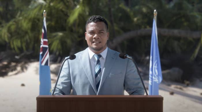 Tuvalu's foreign affair minister Simon Kofe gives an address for COP27