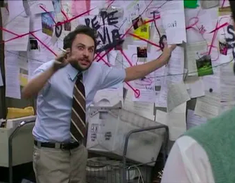 A man looking crazed in front of a bunch of paperwork on the walls