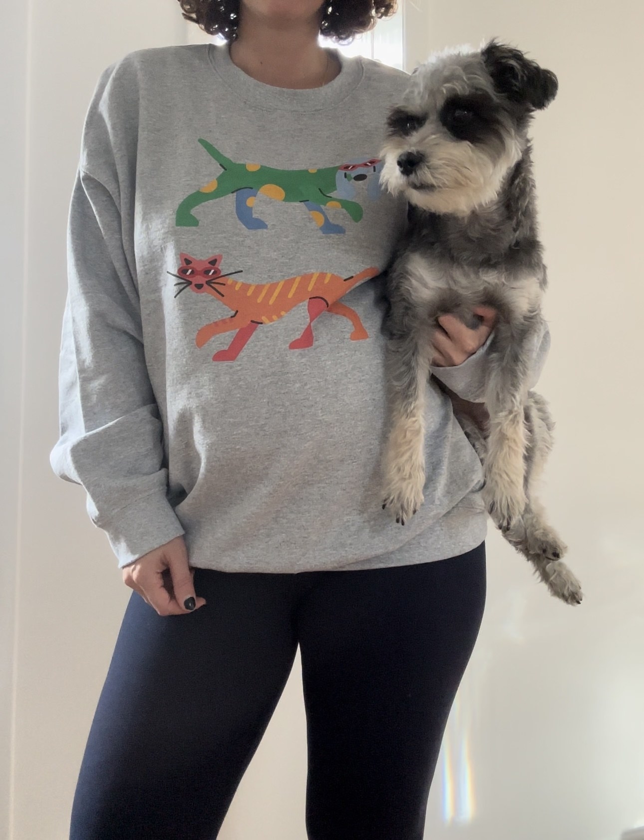 a model holding a small grey and white dog and wearing the grey sweatshirt with art of a blue and green dog and a pink and orange cat