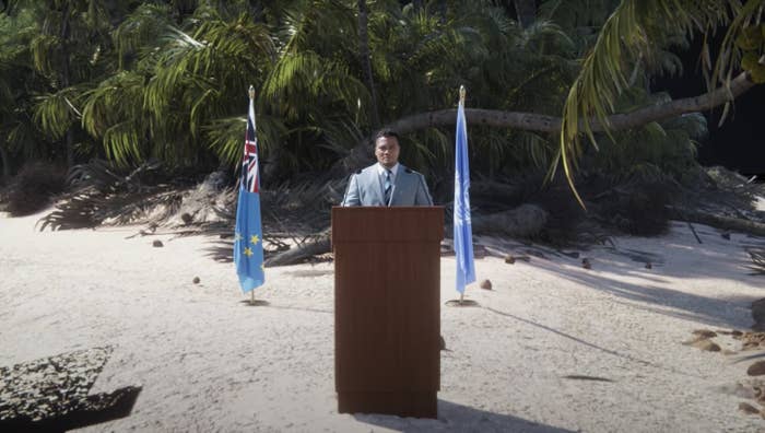 Tuvalu&#x27;s foreign affair minister Simon Kofe gives an address for COP27
