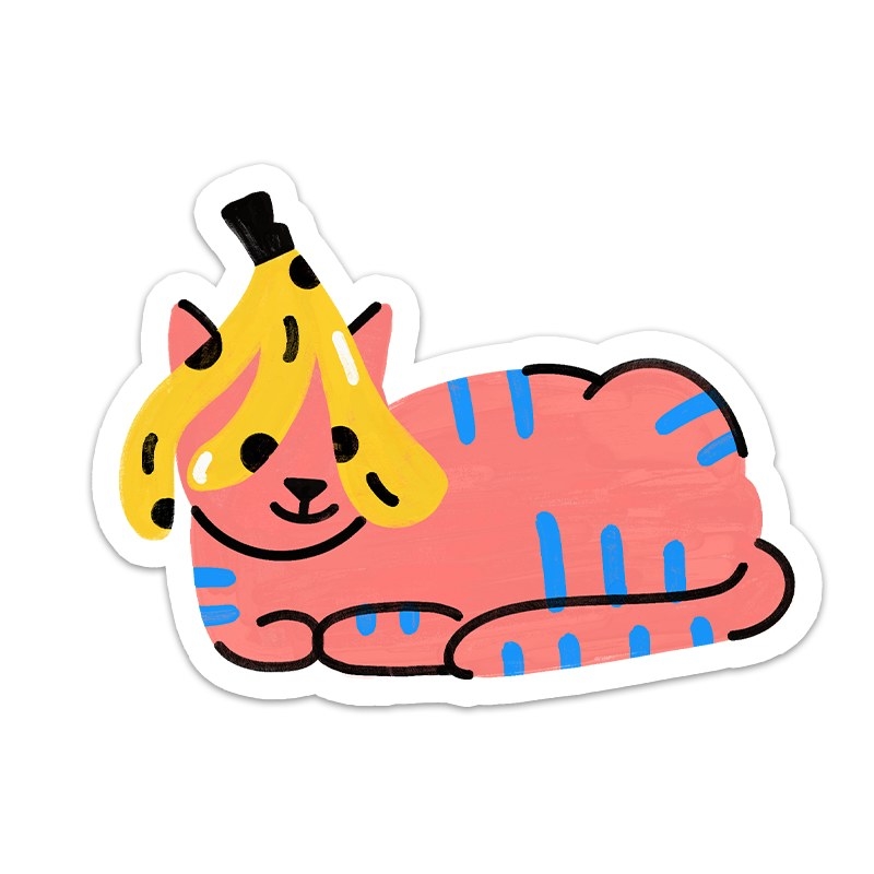 the red and blue cat sticker with a yellow banana on its head