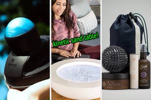 a wall-mounted massage ball, a kinetic sand table, and a saje x lululemon self care kit